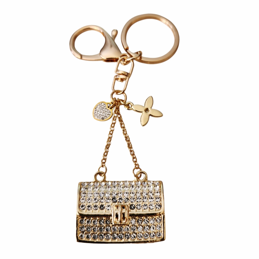 LV Gold Flower Charm Repurposed On Gold Rhinestone Handbag Charm / Keychain